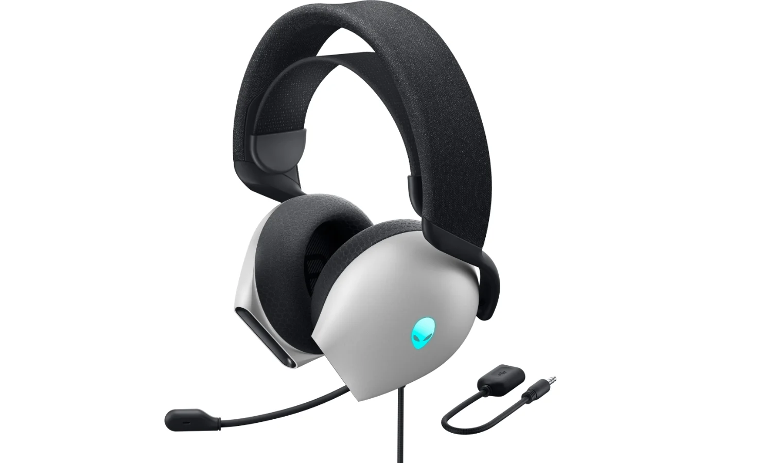 Product photo of the Alienware Wired Gaming Headset, taken from the left-front, with glowing blue alien logo on the left side. White background.