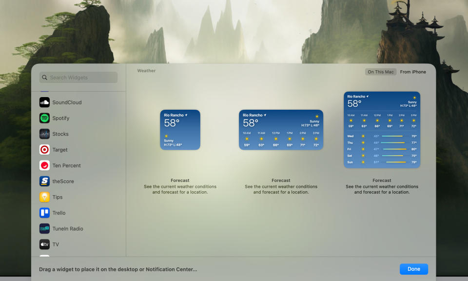 macOS Sonoma screenshot showing the widget gallery in front of the desktop.