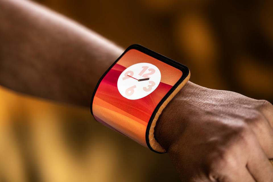 Motorola's adaptive display wrapped on a person's wrist like a watch