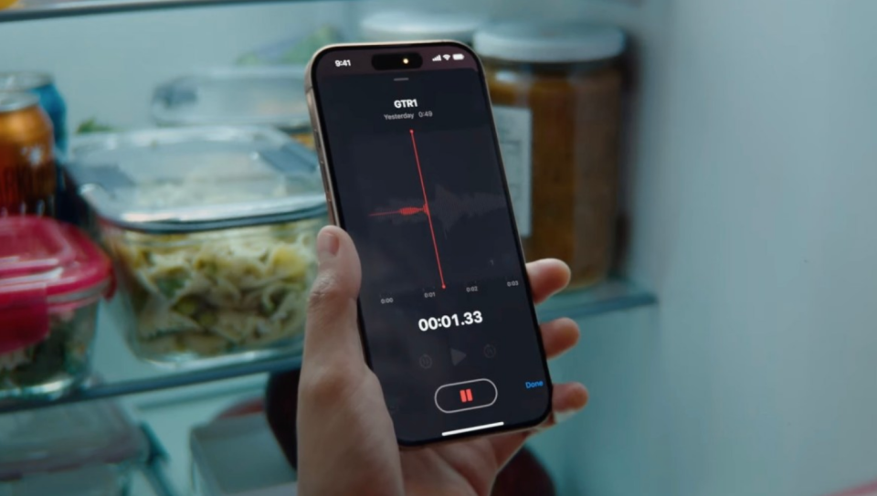 App in front of a refrigerator.